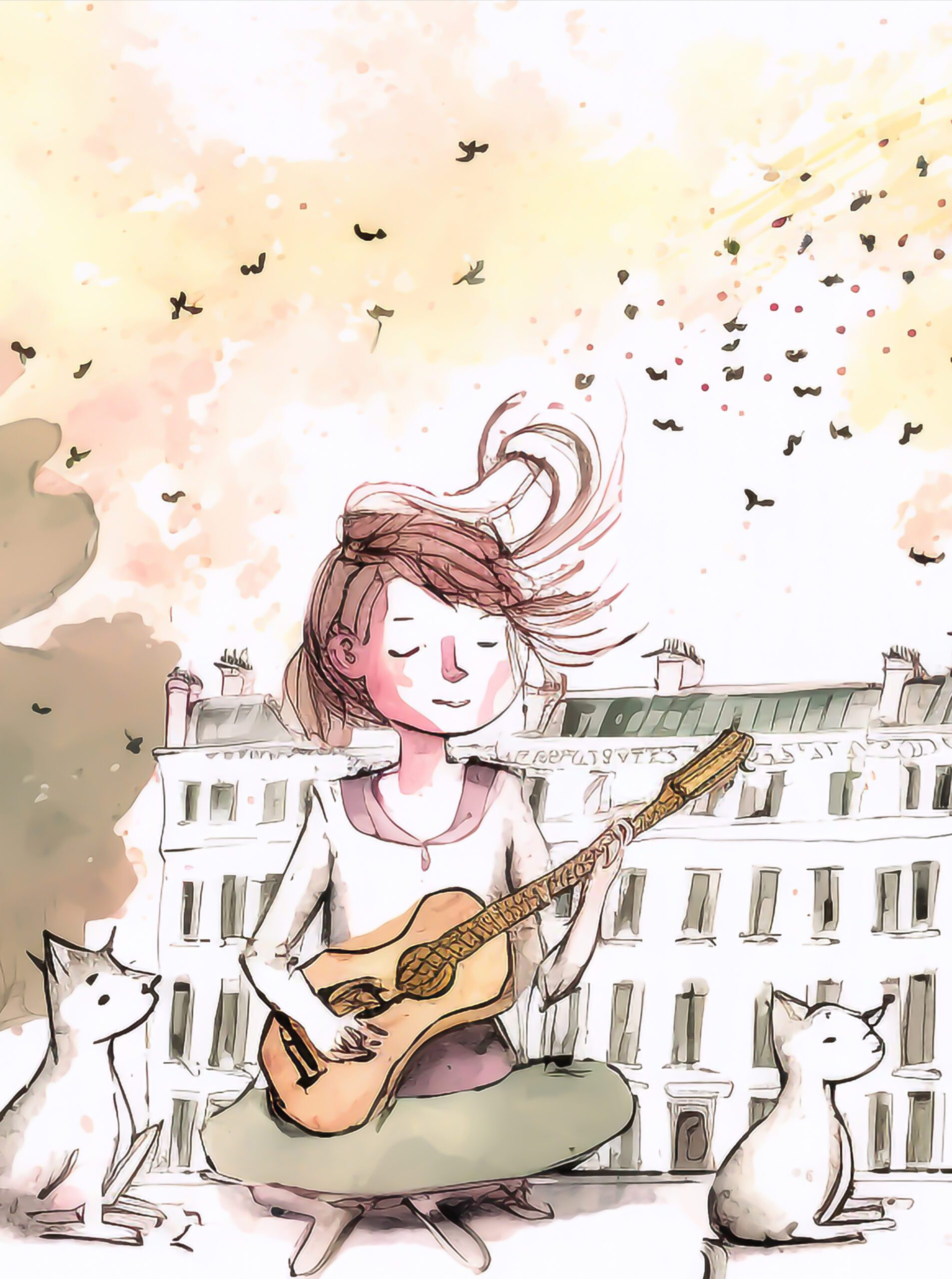 Songs Schoolbook illustrations AI cats dansing listening school book children songs artificial intelligence guitar girl woman